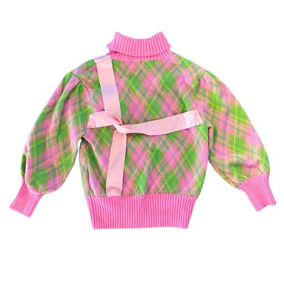 Motoguo Designer 100% Merino Wool Bow Argyle Turtleneck Sweater Pink Green Small - Picture 9 of 14